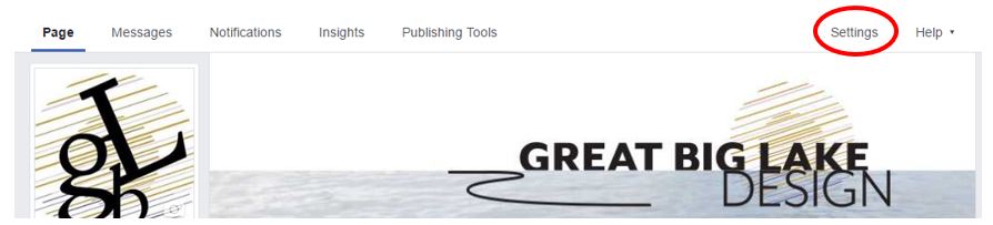 Where to click settings link in Facebook admin screen
