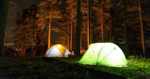 Tents lit from inside in forest at night