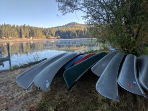 canoes on the shore of Hayden Lake, Idaho