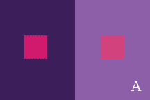 Dark and light purple backgrounds with two pink squares in the middle of each one that look like they are the same shade of pink