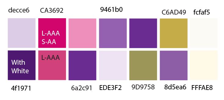 color chart showing swatches of pinks, purples, greens and golds with their hexidecimal color values